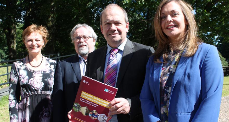 Photo caption: Mary Black (Assistant Director of Public Health, Public Health Agency), Seamus McAleavey (Chief Executive, NICVA), Dr Michael McBride (Chief Medical Officer) and Joanne Morgan (Director, Community Development and Health Network) launch the new report – ‘Expansion of Community Development Approaches’. 